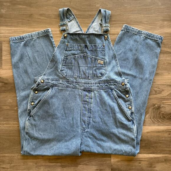 Bugle Boy Pants - Vintage Bugle Boy Denim Overall Women’s Size 16 Gold Crest 1990s Light Washed